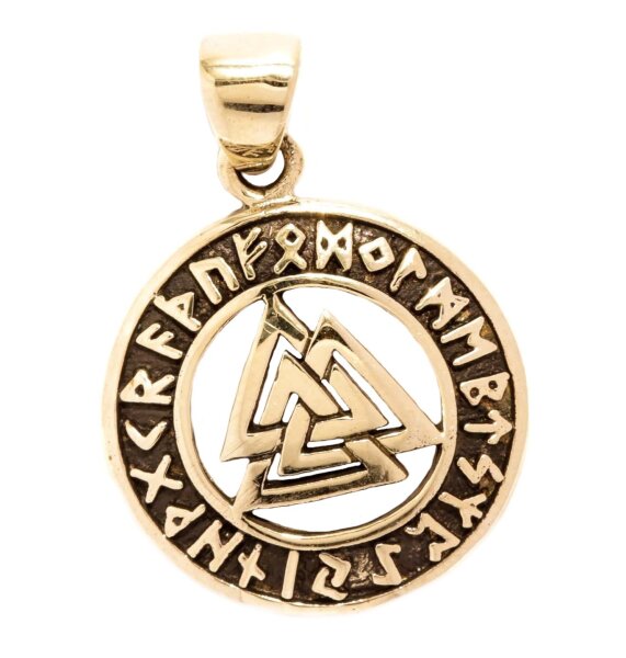 Wikinger Anhänger VALKNUT 3 cm Wotansknoten mit Runen Skandinavisches Amulett Bronze