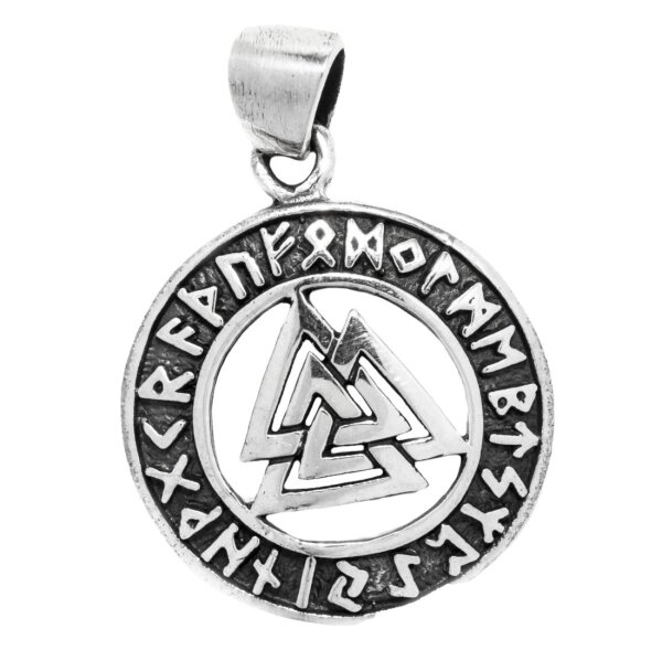 Wikinger Schmuck Anhänger VALKNUT Ø 2 cm Wotansknoten mit Runen Silber