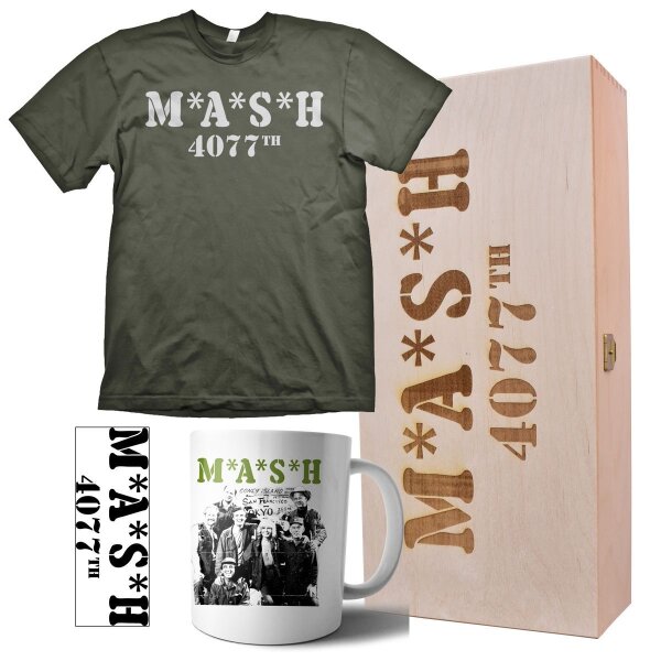 M.A.S.H Geschenkbox mit Tshirt Aufkleber Tasse Lazarett Militär Army L