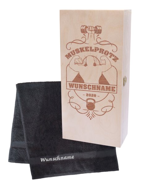Geschenkbox für Sportbegeisterte mit Handtuch personalisiert Muskelprotz